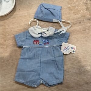 NEW Preemie Vintage Alexis Baby Boy Blue & White Outfit with cap hat boy romper